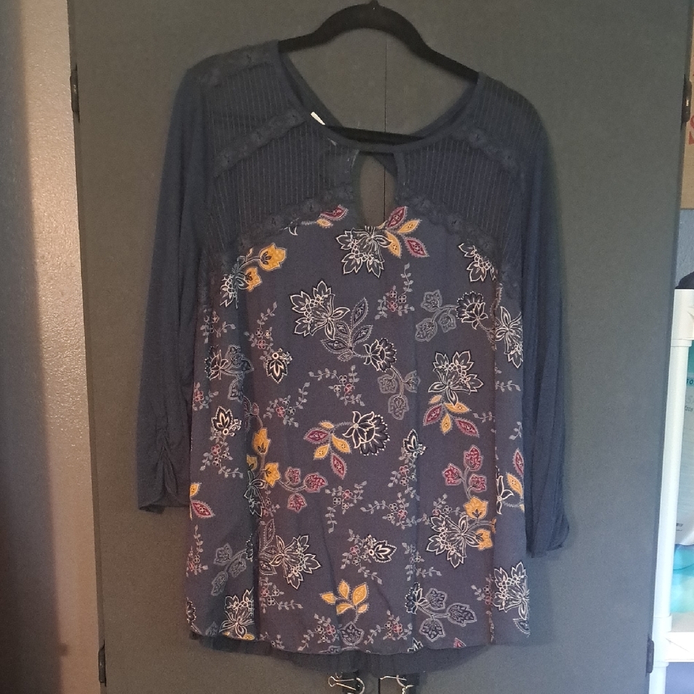 Maurices Navy Floral Blouse with Keyhole Detail